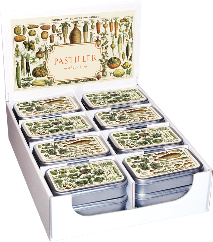 Pastiller i plåtaskar, 6x9,5 cm.